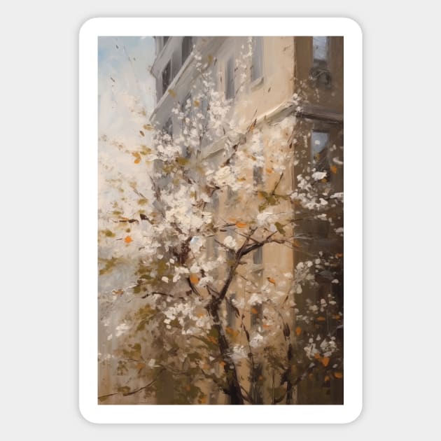 Spring's Arrival: Blossom Tree in Front of a Building Sticker by simonrudd